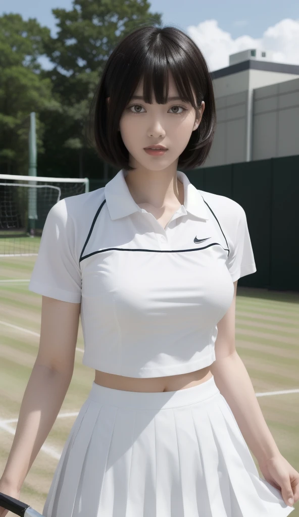 １People Girls、shirt、Pleated skirt、27 years old、Bob Hairstyle、超Big Breasts、Big Breasts、、Japanese、Maid、Chromo White Skin、Beautiful Eyes、（Big Breasts）、Play tennis、Wimbledon、Wearing white tennis wear、Cinema Lighting、Upper body portrait、