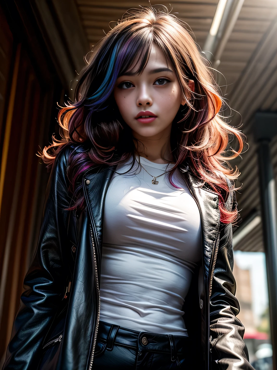 (masterpiece, photorealistic:1.4, extremely intricate:1.3, radiosity, photon mapping, dtx), ((20 year old athletic supermodel, ((25 years old), serious, long eyelashes, makeup:1.2), black leather coat, white t-shirt, ((from below)), red lips)), ((([skin detail:freckles:0.5], portrait))), outdoor, Motorcycle, faraway motorcycle, professional photograph, (((long curly [blonde hair:rainbow colored hair:0.1])), wind), BREAK ((intense sunlight, ((film grain))), bokeh), BREAK, ((([small breasts:medium  breasts:0.3])))