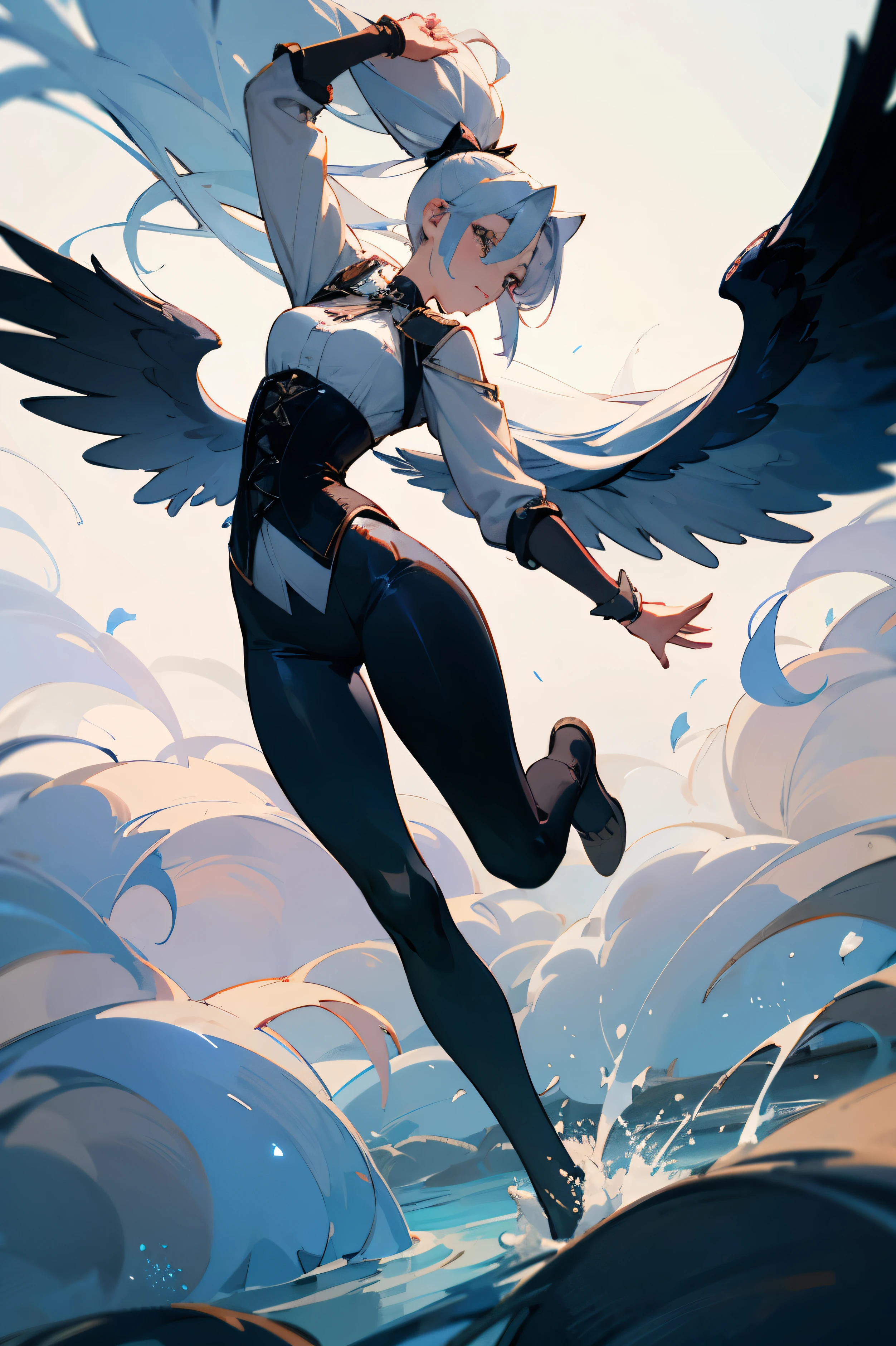 A mystical creature stands confidently, wearing black leggings and a crisp white blouse. Her long, flowing hair is secured in a high ponytail, while her striking white locks cascade down her back like a river of moonlight. A corset cinches at her waist, its straps pulled tight to accentuate her curves. Delicate wings, adorned with glittering details, stretch wide from her shoulders, as if ready to take flight. Her pose exudes power and elegance, with one leg cocked in a wide stance, as if prepared to soar into the unknown.
