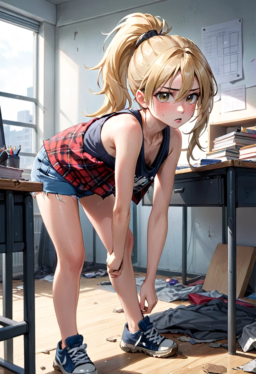 girl, wiry, lean, dirty, grimy, uneven blonde hair with ponytail, wild, untamed, tight dirty tank top, oversized flannel shirt, torn denim shorts, bending over desk