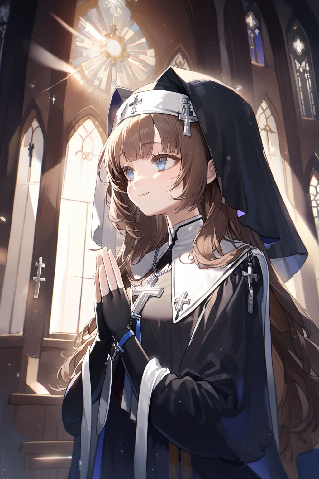 1 girl, CuteStyle, upper body, blue eyes, brown hair, long hair with bangs, praying, dressed in a nun's costume black, silver cross hanging on her chest, black fingerless gloves, standing in a church, large windows, sun rays breaking through the windows, specks of dust in the air, light, looking away, small smile, calm gaze, detailed, beautiful, blurred background, delicate tones