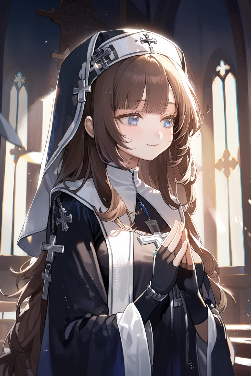 1 girl, CuteStyle, upper body, blue eyes, brown hair, long hair with bangs, praying, dressed in a nun's costume black, silver cross hanging on her chest, black fingerless gloves, standing in a church, large windows, sun rays breaking through the windows, specks of dust in the air, light, looking away, small smile, calm gaze, detailed, beautiful, blurred background, delicate tones