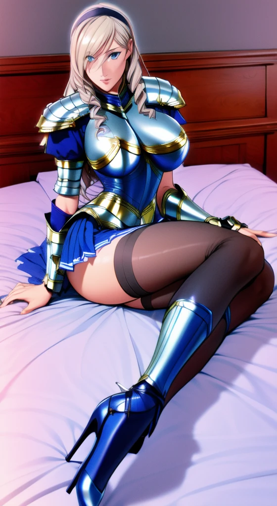 Celia\(Valkyrie\), Celia\(armor\),One girl, Mature Woman, alone,
blue eyes, 
Black knee socks, High heels, breastplate, 
Bedroom, pillow, 
Highest quality, Highest quality, Super detailed, masterpiece, figure, Highly detailed background,
