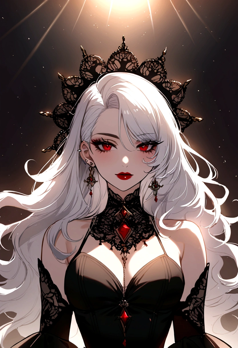 Beautiful Christian woman , white  hair , Eyes red , black gown , rise the sunlight , piercing look and red lipstick 