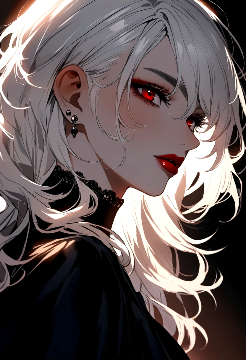 Beautiful Christian woman , white  hair , Eyes red , black gown , rise the sunlight , piercing look and red lipstick 