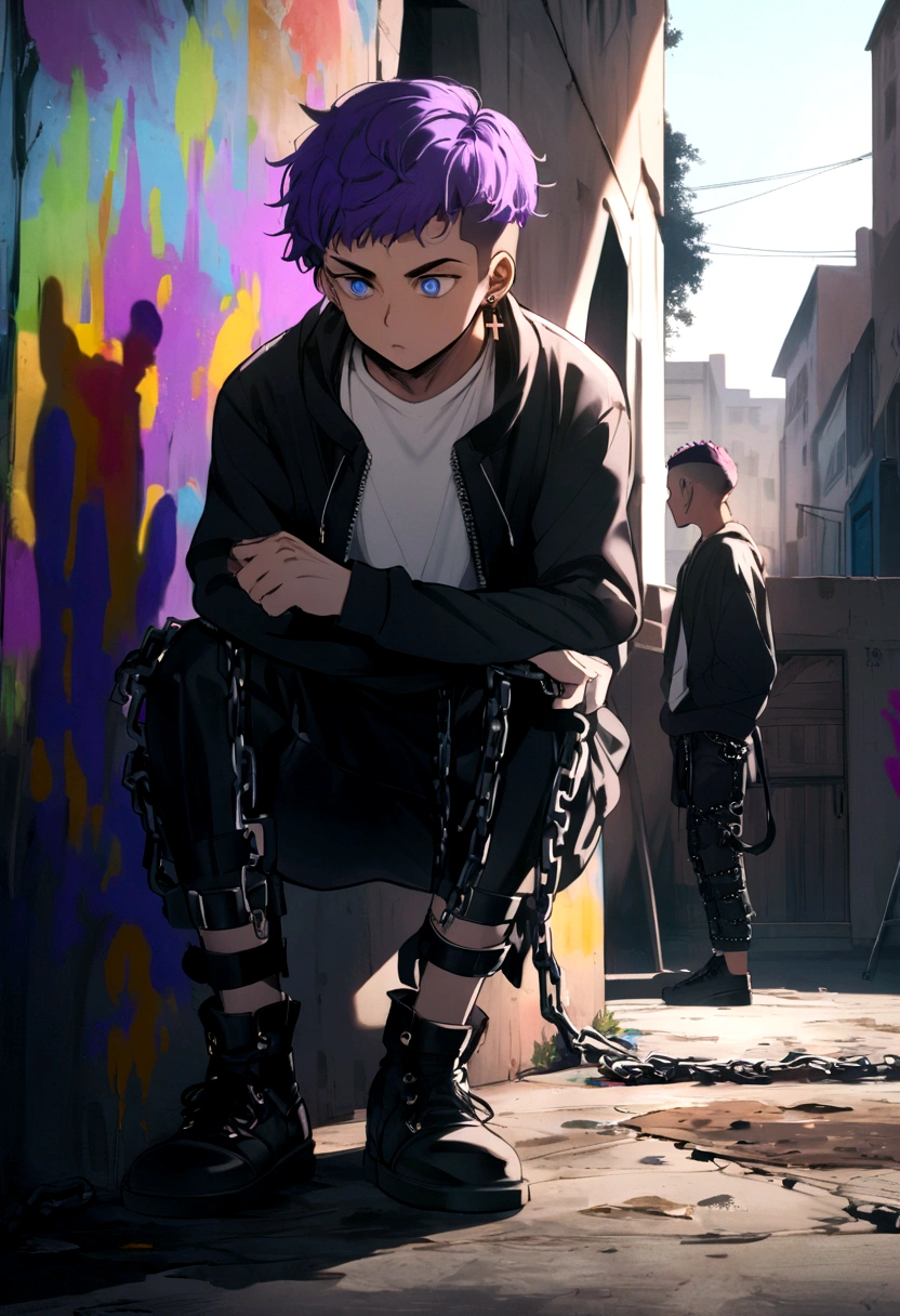boy mediumpurple hair and black bottom with an undercut coerte, with blueviolet eyes with a cross-shaped earring, with a black jacket and white t-shirt, black tumblr style chain pants, with purple headphones, (whole body) (place with his friends where they paint graffiti)