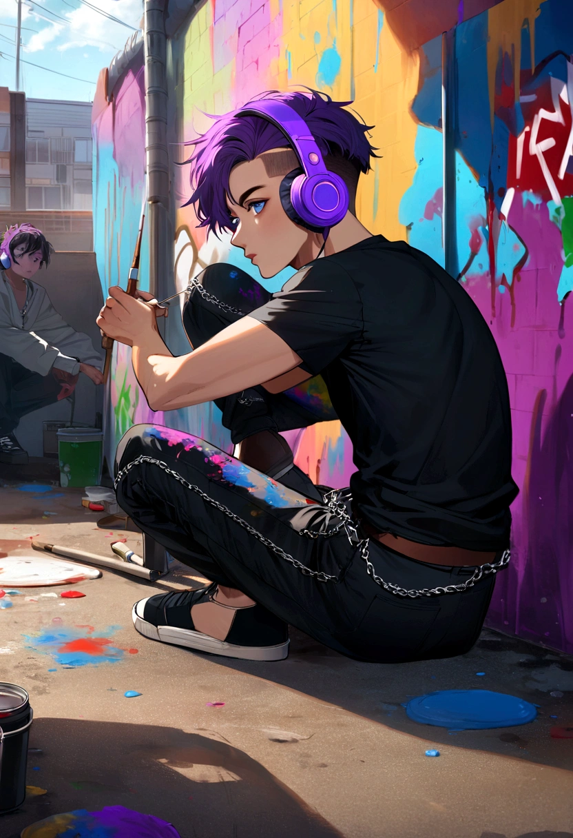 boy mediumpurple hair and black bottom with an undercut coerte, with blueviolet eyes with a cross-shaped earring, with a black jacket and white t-shirt, black tumblr style chain pants, with purple headphones, (whole body) (place with his friends where they paint graffiti)