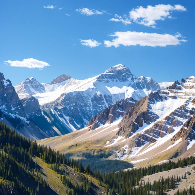 Snow-white Rocky Mountains, blue skies, faraway and majestic views, rough sketch style, coloring in colored pencil, top quality images.