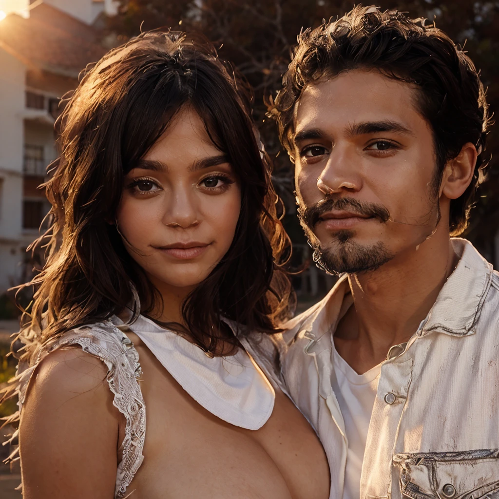 A couple, white clothes, sunset background