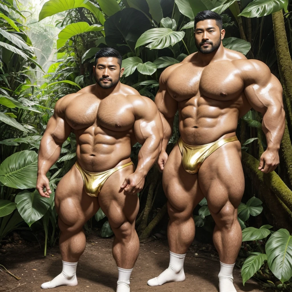 There is only one handsome Asian actor in the photo,35 years old,High target, Fitness,short hair, O-Shaped Beard,Perfect body, Dark skin color,Radiant Skin,Smooth skin,Muscle bulge, muscular, Very large pectoral muscles,Very sexy abdominal muscles,Very well-developed leg muscles,Huge concave and convex area,Brightens oily skin,Wearing a gold leather shiny thong,Handsome face, Correct and accurate male body proportions, Wear black socks,Stand in the rainforest,Lots of flowers around。