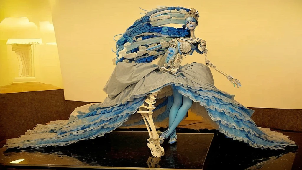 arafed corpse with blue hair and blue dress., Corpse Bride Style, corpse bride art style, She has pale blue skin.!!!, half woman half skeleton, beautiful masterpiece, wonderful masterpiece, Statue of the perfect woman, hauntingly beautiful art, dress made of bones, very beautiful masterpiece, bone dress, perfect onna geisha skeleton, by Yamagata Hiro