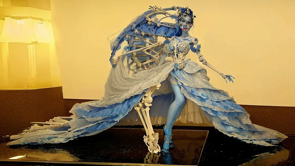  arafed ?????? with blue hair and blue dress., ?????? Bride Style, ?????? bride art style, She has pale blue skin.!!!, half woman half skeleton, beautiful masterpiece, wonderful masterpiece, Statue of the perfect woman, hauntingly beautiful art, dress made of bones, very beautiful masterpiece, bone dress, perfect onna geisha skeleton, by Yamagata Hiro