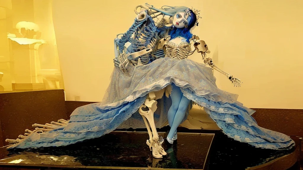 arafed corpse with blue hair and blue dress., Corpse Bride Style, corpse bride art style, She has pale blue skin.!!!, half woman half skeleton, beautiful masterpiece, wonderful masterpiece, Statue of the perfect woman, hauntingly beautiful art, dress made of bones, very beautiful masterpiece, bone dress, perfect onna geisha skeleton, by Yamagata Hiro