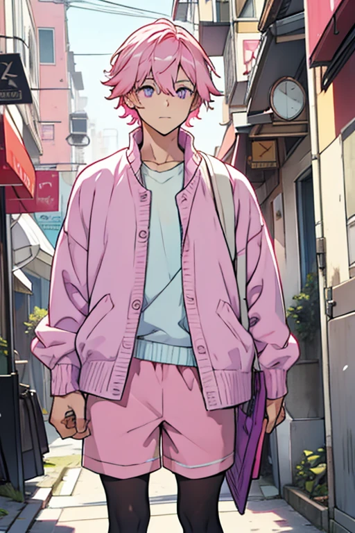 Young man pastel pink hair pink eyes purple shirt white sweater blue shorts red long tights