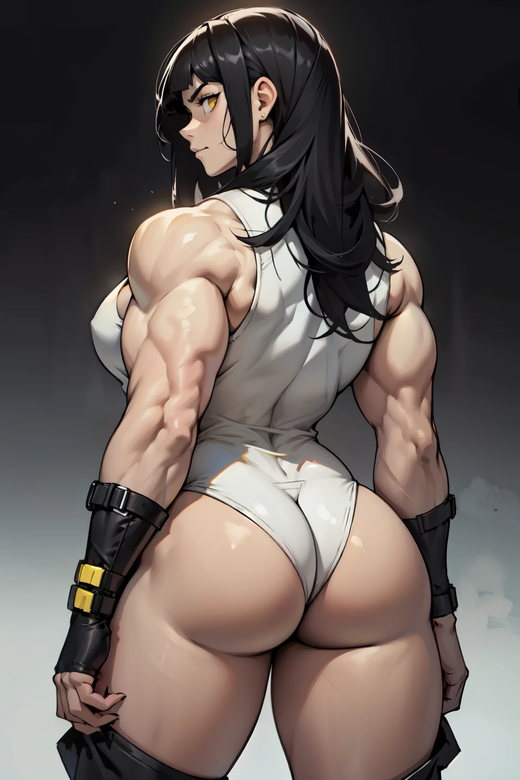 girl ((1girl)) pale skin (muscular huge ) toned body thick thighs black hair yellow eyes long hair (grey background) bodybuilder from behind frowning (tight romper)