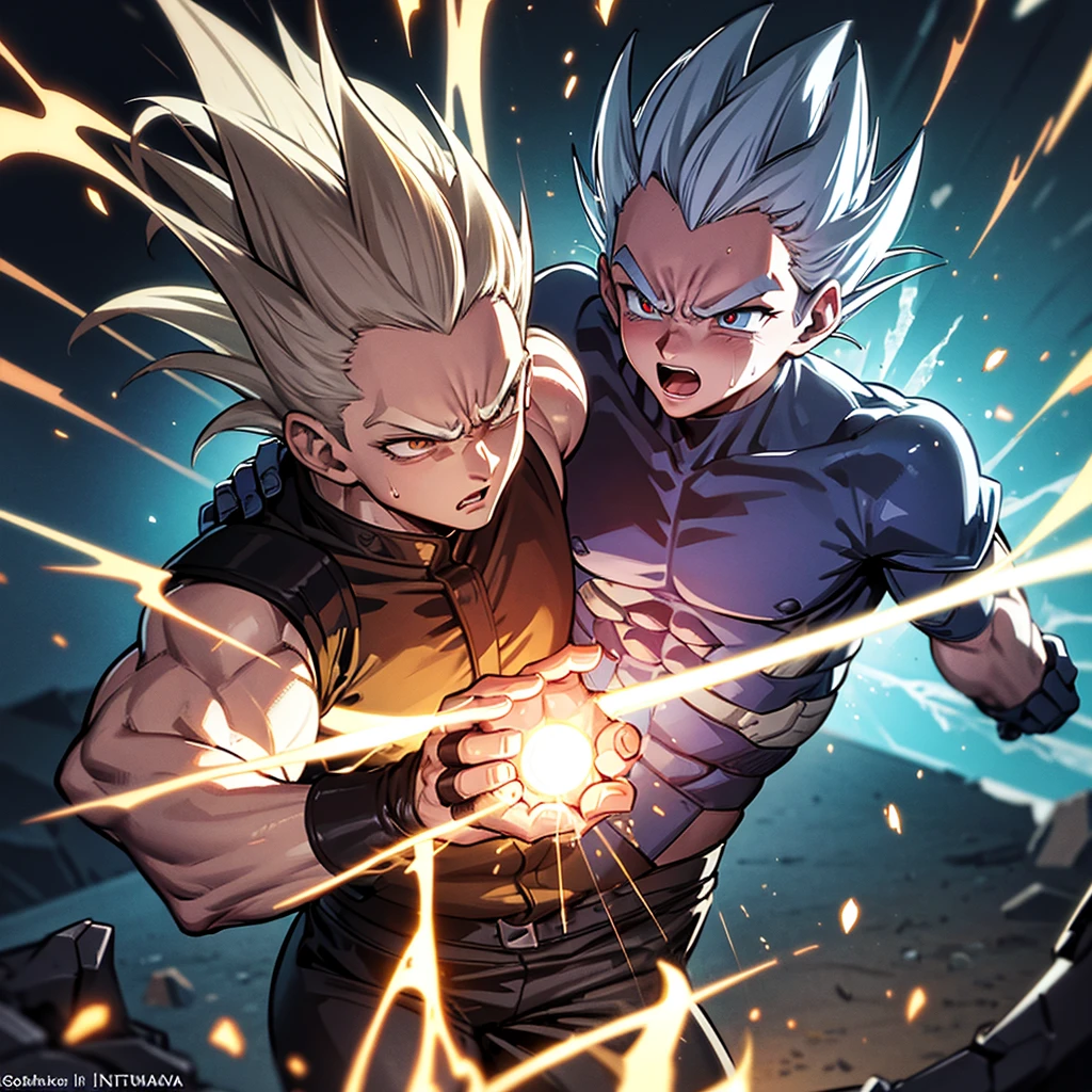 context:
The setting is a desolate landscape of an alien planet, with rocky mountains and craters caused by recent explosions.
The sky is obscured by clouds of dust and floating debris, reflecting the intensity of the battle.
characters:
Goku:
In his fully mastered Ultra Instinct form.
His silver eyes shine brightly, showing absolute calm and concentration.
His hair is up, radiating a white and silver energy.
His body is surrounded by a bright silver aura., with flashes of pure energy emanating from it.
His expression is serious and determined, focused on combat.
vegeta:
Showing an expression of pain and surprise.
His hair in Super Saiyan Blue, bristling and shining with a blue glow.
His body is thrown backwards by the impact of the blow, with his face twisted in a grimace of pain.
Damage details on his armor and clothing, with some visible cracks and tears.
action:
Goku:
It is moving, with his right fist extended forward after having delivered a powerful punch.
The blow is direct and precise, impactando en la cara de vegeta.
The energy around his fist creates a shock wave effect, distorting the air and generating sparks of energy.
vegeta:
He receives the blow directly on his cheek, with his head turning to one side due to the force of the impact.
Droplets of blood and sweat fall from his face, capturing the moment of contact.
Your body is in a defensive position, but the impact destabilizes him, causing him to lose his posture.
Additional details:
Fragments of rock and dust float around the characters, suspended in the air due to the energy released in combat.
Shadows and lights must reflect the intensity of the energy, with brightness and contrast effects that enhance the action.
Goku's aura could have dynamic effects, like waves and sparkles, that transmit the sensation of movement and power.