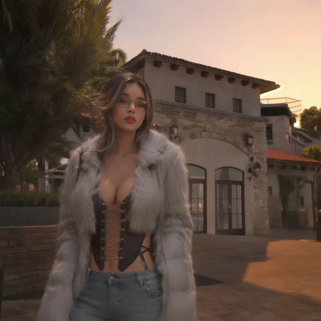 A light skinned female with light brown eyes. black eyeliner with long eyelashes and plum lipstick, wearing grey and black framed glasses, she has medium length soft curls and grey hair/brown hair. She is wearing a furry coat with a brown boob tube top with some cleavage showing and high waisted light washed blue jeans standing in front of palm trees & a wine cellar building with a sunset background.