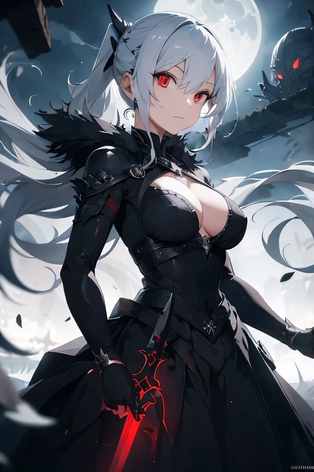 beautiful female warrior, elegant black dress , moonlight night , white  hair , detailed red eyes, perfect features ,piercing look , Excalibur sword with hentai theme 