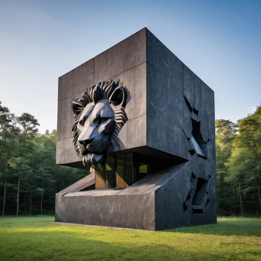 a cubic lion head embedded into a large building that is fully cubic in structure. The lion head's open mouth contains doors or windows. The large office building and lion's head is made entirely of very dark stone. The building is in a forest.