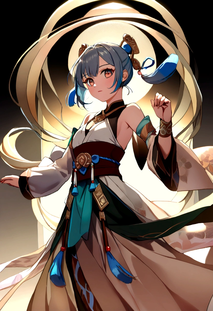 (ink, amazing: 1.3, unified 8k wallpaper, realist, detailed: 1.2, Masterpiece, illustration), [((1 girl), superior_body, dynamic angle, world Masterpiece theater: 1.2, Best Quality, content, beautiful, ghost dance sweater, long flowing hair, soft shine: 0.8, double chrysanthemum), :( movie lighting: 1.3, Alone_flare: 1.2, dunhuang elements)]