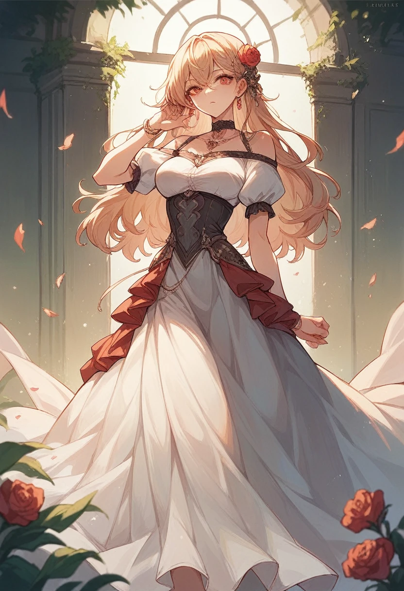 A tall beautiful girl with big attributes covers her tits and puts a dress on her with skirts, red and black