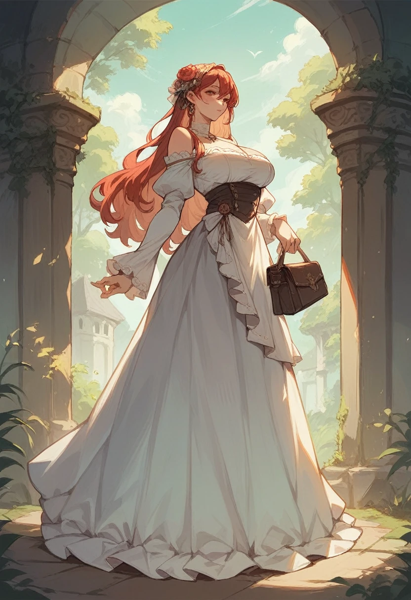 A tall beautiful girl with big attributes covers her tits and puts a dress on her with skirts, red and black