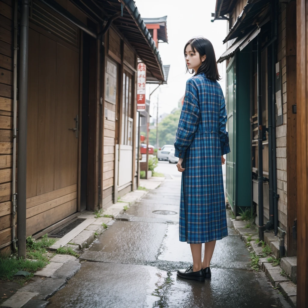 Standing with your back turned。girl。Wearing neat clothes。