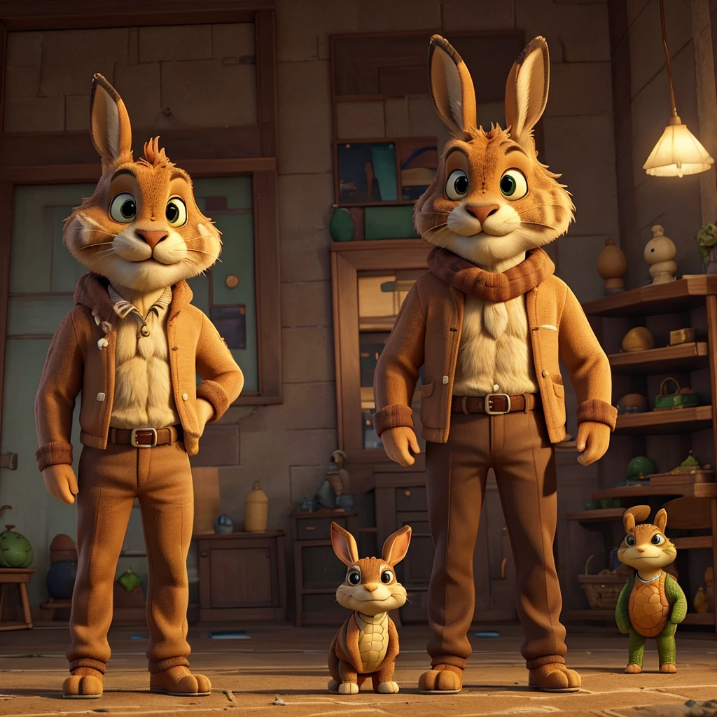 An image showing the Leo hare standing tall and confident, with a confident and arrogant expression on his face. He is looking down superiorly towards the turtle Tita, who is standing in front of her with a calm and collected posture, showing determination in his eyes.