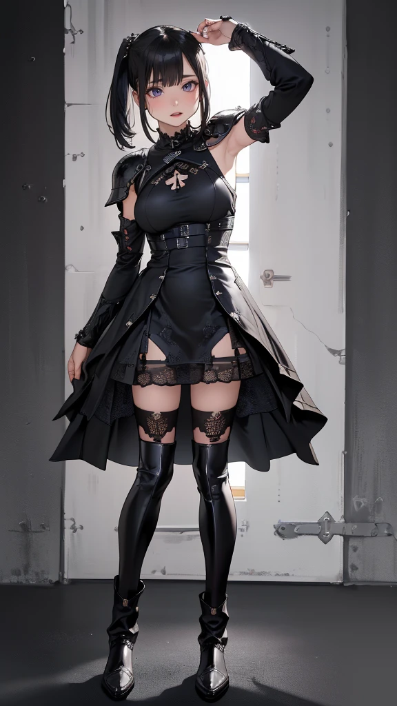looking back,(fighting pose),(leather boots,(asymmetrical armor),(long embroidered cute dress,see through,lift up the hem of the dress)),(random hairstyle),(Thin type:1.5),(large breasts),(Highest image quality,(8K), Ultra-realistic, Best Quality, High quality, High Definition, high quality texture, high detailing, Beautiful detailed, fine detailed, extremely details CG, Detailed texture, realistic representation of face, masterpiece, presence)
