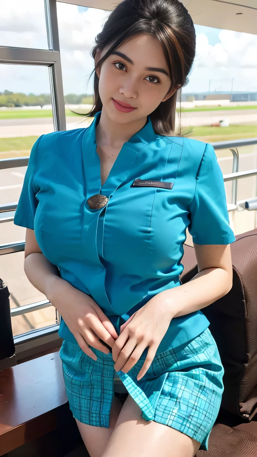 (best quality,4k,highres),ultra-detailed,realistic,cosplay, stewardess uniform, in the airport, (crowded:1.5), unbutton clothes, unbutton t-shirt, mini skirt, skirt lift up, open legs,beautiful woman,(big breasts:1.5), show nipples detailed, dark hairy pussy, pubic hair,vivid colors,portrait,soft lighting