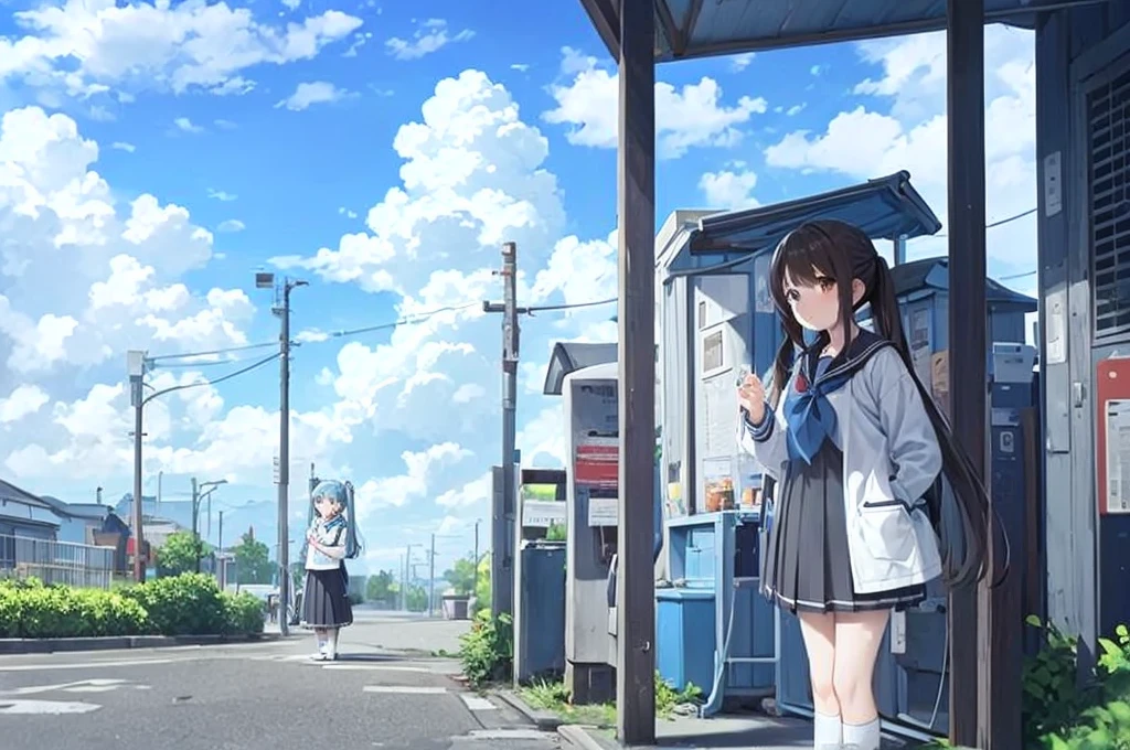 Light blue long hair、Two beautiful girls with twin tails、Sailor suit、Waiting for a bus at the bus stop、The bus came into view、White clouds in blue sky、Face Highlights
