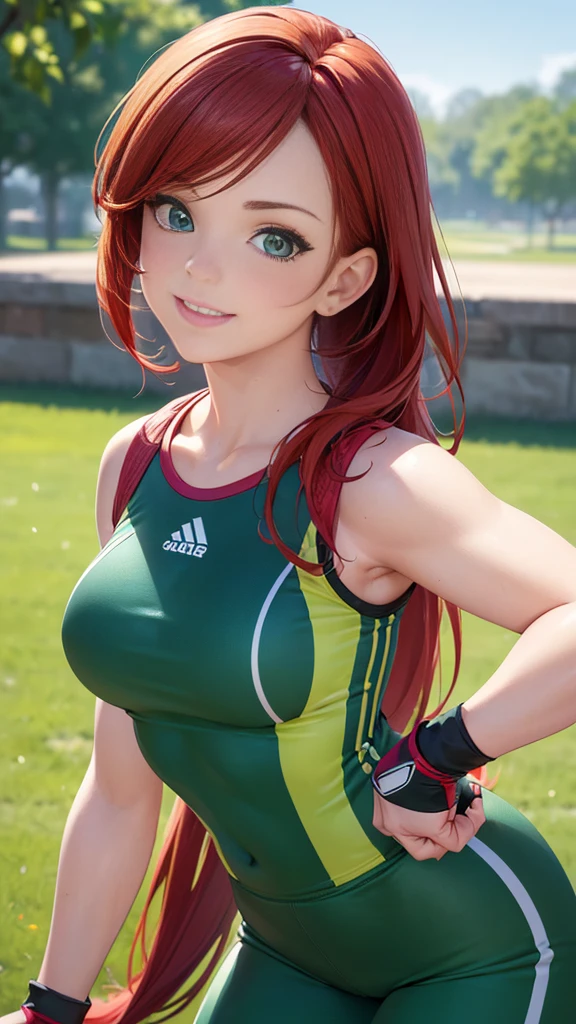 (best quality,8k,highres,masterpiece:1.2),ultra-detailed,(realistic,photorealistic,photo-realistic:1.37),cartoon style,detailed face,athletic woman,sporty outfit,red hair,charming smile,green eyes,looking at the camera,fashionable clothing