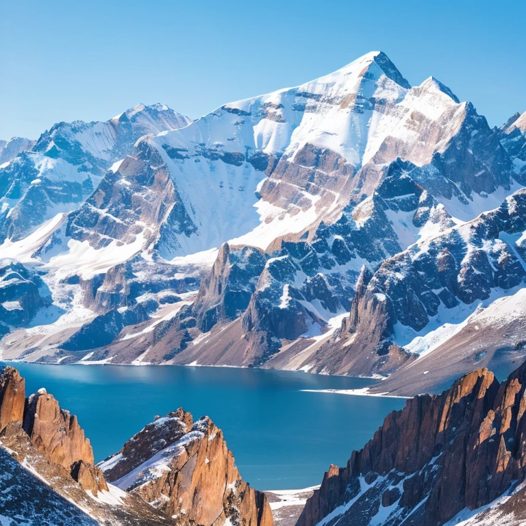 Snow-white Rocky Mountains, blue skies, faraway and majestic views, rough sketch style, coloring in colored pencil, top quality images.