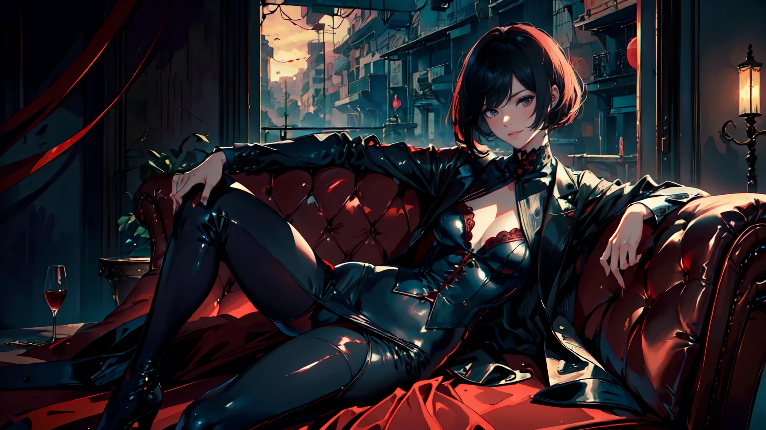 (Masterpiece, Best Quality, Ultra High Resolution , Digital Art,Beautiful and Aesthetic )Perfect proportions of the body especially the hands , not an ordinary perspective . .the whole body is covered by clothes. ( One Fashionable adult girl with a short oblique bob, slender figure, expressive and dominating look ) in modern men's suit in youth style , matte black color , lovely thin white but long tie , (silk thick threads of red color connect the necklines on the sides of the whole suit) , . The character sits on a large massive sofa with lots of leather and metal patterns on it in vintage style , an interesting and atmospheric pose that characterizes the character ,(Photorealistic style combined 2.5D . Realistic picture , realistic anatomy , beautiful perspective . Best image quality , depth , pastel color , Natural shading , focus on the face , Big Hair ( black with red gelding ) , well detailed eyes , detailed background in modern boudoir style . )