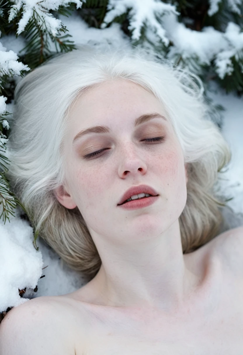 Very Pale skin white hair woman nude laying down on Snow winter in Snow forest view from top close eyes