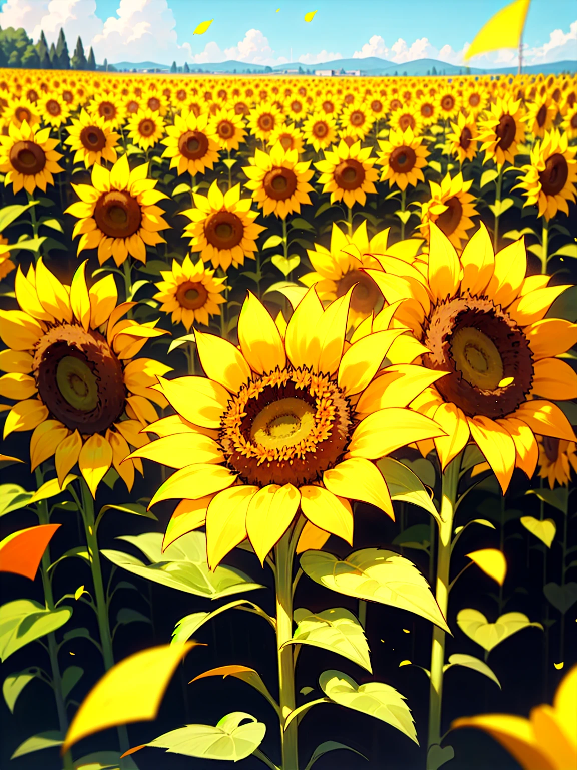 Sunflower, field, Giant Sunflowers around, sunflowers petals on air, landscape, 8K, RAW photo, best quality, masterpiece