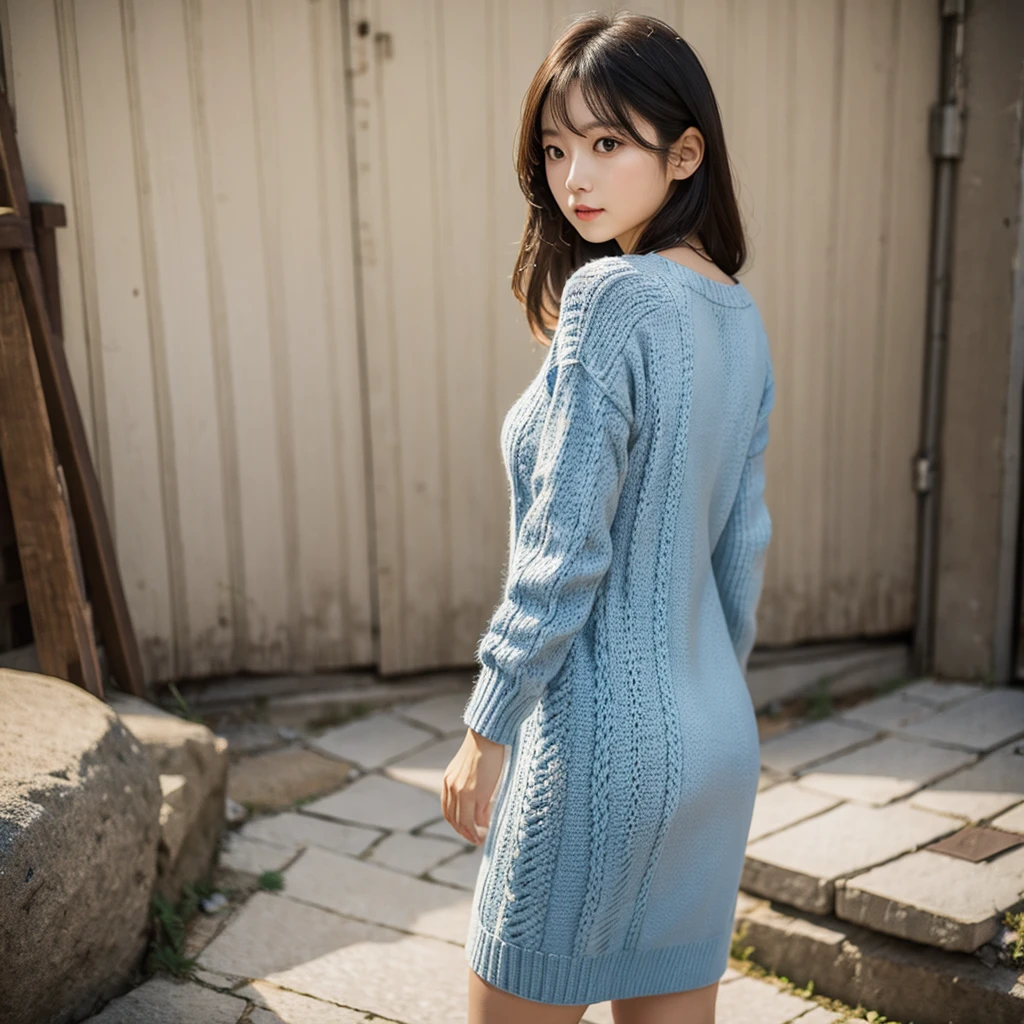 Looking back。girl。Wearing a knitted dress。