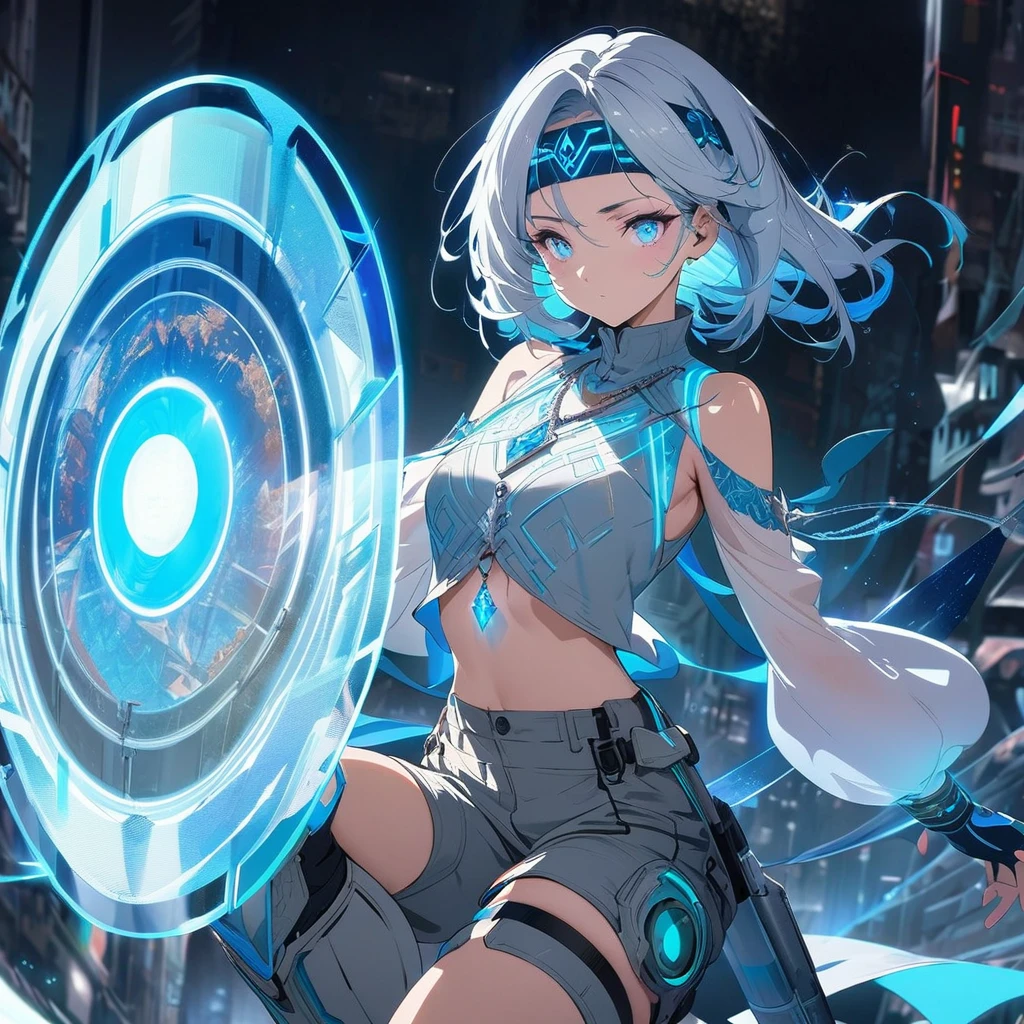 Create an image of a gentle girl with short, silvery-blue hair wearing a fitted, high-collar, long-sleeved shirt with glowing runic patterns, slim-fit cargo pants, fingerless gloves with LED strips, articulated knee guards, and sturdy, glowing-trim combat boots; she has a high-tech headband, (nude:0.8) a silver necklace with a crystal pendant, and a wrist-mounted holographic projector, and she is generating a large, translucent energy shield with intricate, glowing blue patterns, standing in a dynamic yet gentle pose with a dark, dramatic background illuminated by blue light and energy waves, detailed gorgeous face| anime style| key visual| intricate detail| highly detailed| breathtaking| vibrant| panoramic| cinematic| Carne Griffiths| Conrad Roset| gibbli 8