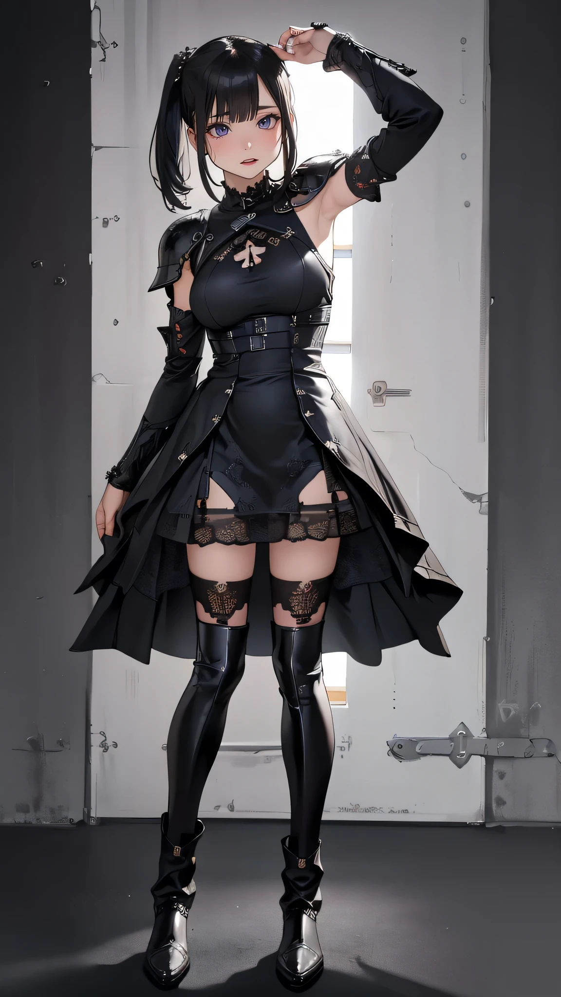 looking back,(fighting pose),(leather boots,(asymmetrical armor),(long embroidered cute dress,see through,lift up the hem of the dress)),(random hairstyle),(Thin type:1.5),(large breasts),(Highest image quality,(8K), Ultra-realistic, Best Quality, High quality, High Definition, high quality texture, high detailing, Beautiful detailed, fine detailed, extremely details CG, Detailed texture, realistic representation of face, masterpiece, presence)