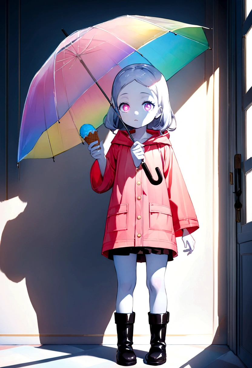 Watercolor,quality\(8k,wallpaper of extremely detailed CG unit, masterpiece,hight resolution,increase the resolution,RAW photos,best qualtiy,highly detailed,the wallpaper,cinematic lighting,ray trace,golden ratio\), BREAK , 1child\(female, 10 years old, pretty, beautiful, detailed hair, detailed eyes, cosmic eyes, beautiful skin, white skin, long eyelashes, holding icecream,pink raincoat, black boots) from behind transparent umbrella\(transparent,(reflecting beautiful sunlight in rainbow colors:0.5), black short skirt, no socks