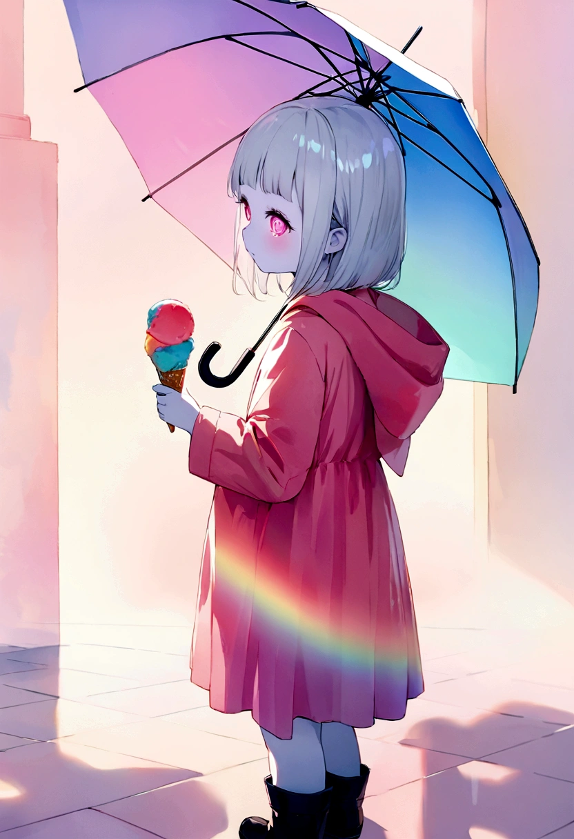 Watercolor,quality\(8k,wallpaper of extremely detailed CG unit, ​masterpiece,hight resolution,increase the resolution,RAW photos,best qualtiy,highly detailed,the wallpaper,cinematic lighting,ray trace,golden ratio\), BREAK , 1child\(female, 10 years old, pretty, beautiful, detailed hair, detailed eyes, cosmic eyes, beautiful skin, white skin, long eyelashes, holding icecream,pink raincoat, black boots) from behind transparent umbrella\(transparent,(reflecting beautiful sunlight in rainbow colors:0.5), black short skirt, no socks