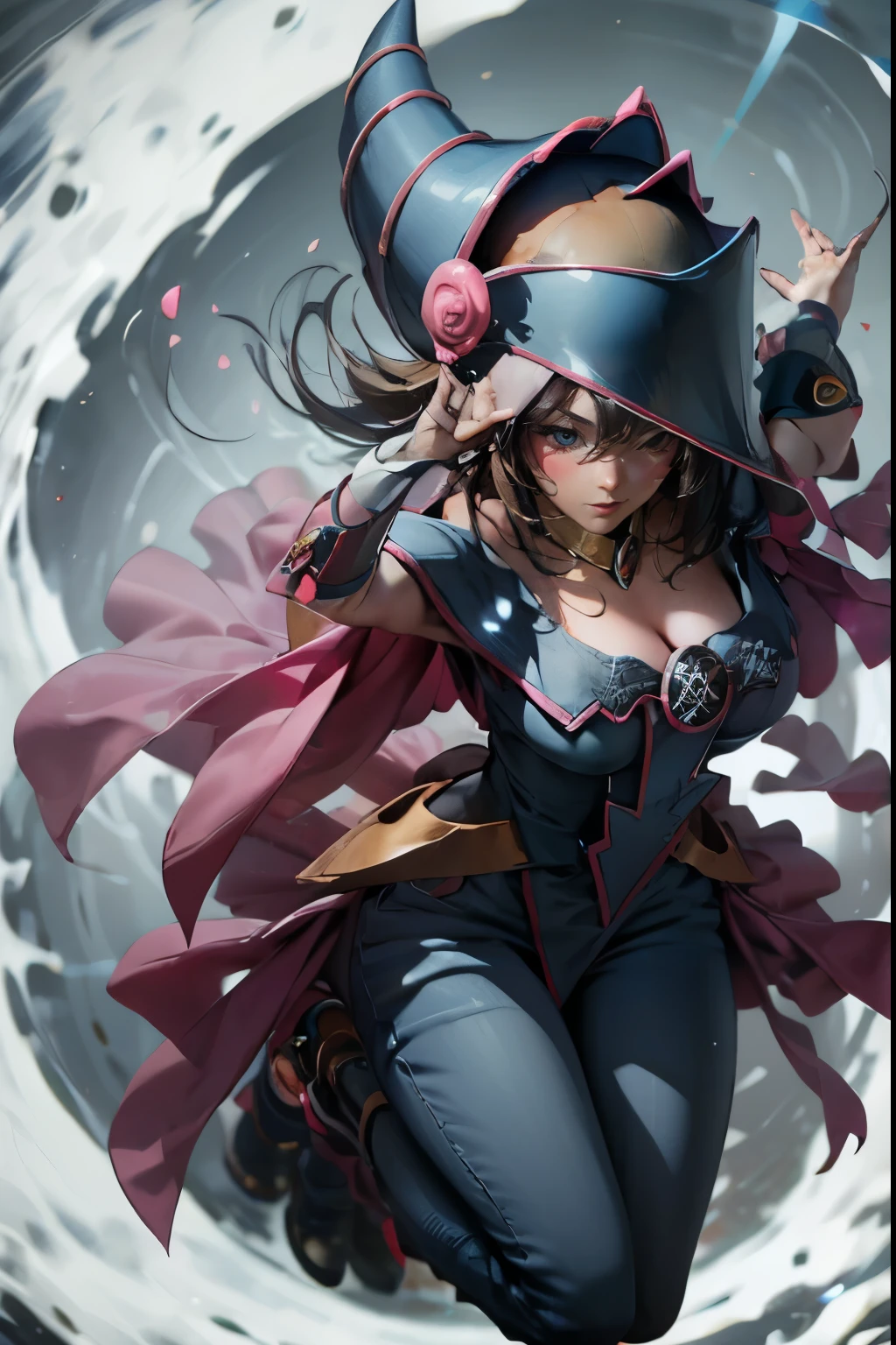 (Masterpiece:1.2), (The best quality:1.2), perfect lighting, Dark Magician Girl casting a spell, in battle. floating in the air, big and visible tits, wear jeans and heels. transparent neckline, blue robe, big hat, From above, sparkles, Yugioh game, The magic of the heart, romantic heart.