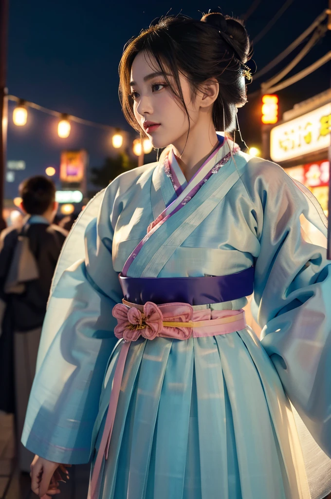 (((best quality))),(((ultra detailed))),(((masterpiece))),illustration,1girl,bun hair,(see through gauze hanbok:1.5),collar,slim,flat chest,laughing, summer night,Korean city scape, street, neon signs, beautiful, vibrant, detailed facial features,medium hair, elegance, cultural atmosphere, bustling city,tall buildings full of colorful advertisements, reflections, lively atmosphere, street food aroma,upper body