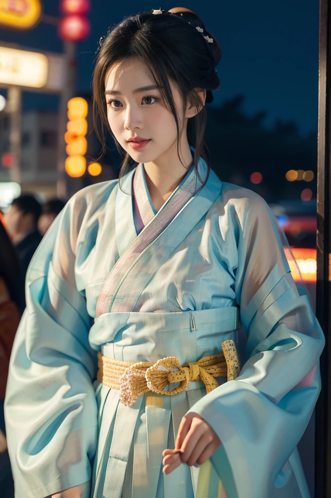 (((best quality))),(((ultra detailed))),(((masterpiece))),illustration,1girl,bun hair,(see through gauze hanbok:1.5),collar,slim,flat chest,laughing, summer night,Korean city scape, street, neon signs, beautiful, vibrant, detailed facial features,medium hair, elegance, cultural atmosphere, bustling city,tall buildings full of colorful advertisements, reflections, lively atmosphere, street food aroma,upper body