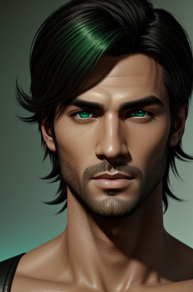 An imvu avatar of a handsome man from the current era who has strong green eyes
