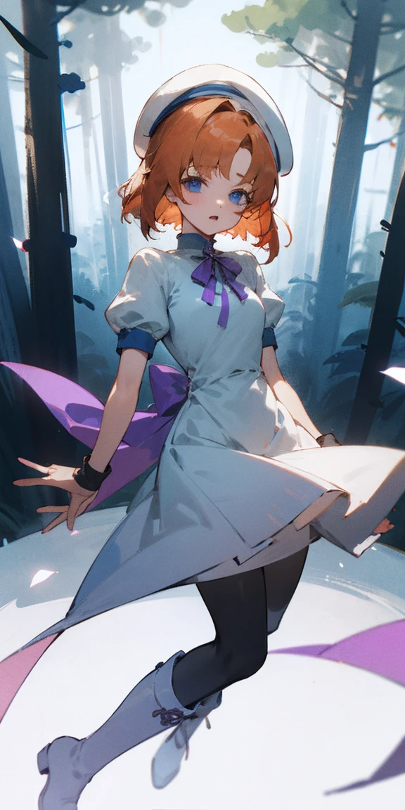 One girl,Beautiful views,(masterpiece、Highest quality),Short Hair,Orange Hair,Blue wristband,Purple ribbon,tights,boots,Short sleeve,White Dress、White Beret,Blue eyes、slit、in the forest、、
