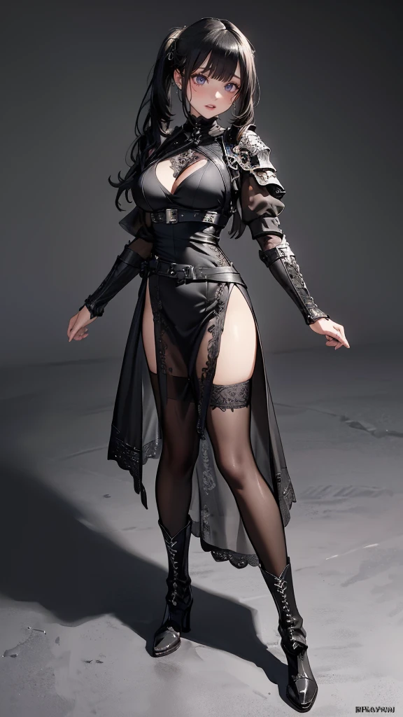 looking back,(fighting pose),(leather boots,(asymmetrical armor),(long embroidered cute dress,see through,lift up the hem of the dress)),(random hairstyle),(Thin type:1.5),(large breasts),(Highest image quality,(8K), Ultra-realistic, Best Quality, High quality, High Definition, high quality texture, high detailing, Beautiful detailed, fine detailed, extremely details CG, Detailed texture, realistic representation of face, masterpiece, presence)
