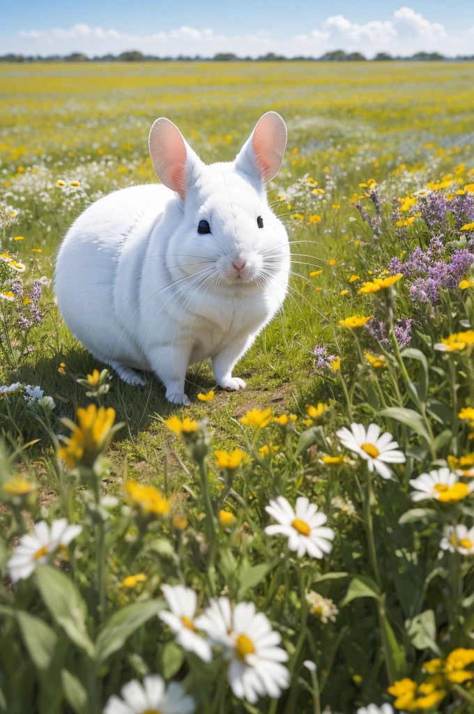 White chinchilla in a field of wildflowers.