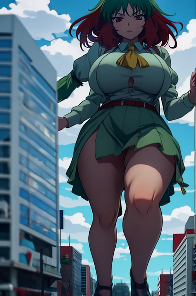 yuuka kazami, giantess, towering over a city, massive breasts, green short hair, red eyes, 3d render