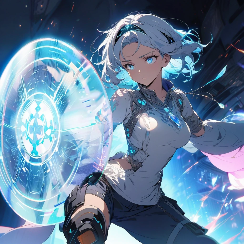 Create an image of a gentle girl with short, silvery-blue hair wearing a fitted, high-collar, long-sleeved shirt with glowing runic patterns, slim-fit cargo pants, fingerless gloves with LED strips, articulated knee guards, and sturdy, glowing-trim combat boots; she has a high-tech headband, (nude:0.8) a silver necklace with a crystal pendant, and a wrist-mounted holographic projector, and she is generating a large, translucent energy shield with intricate, glowing blue patterns, standing in a dynamic yet gentle pose with a dark, dramatic background illuminated by blue light and energy waves, detailed gorgeous face| anime style| key visual| intricate detail| highly detailed| breathtaking| vibrant| panoramic| cinematic| Carne Griffiths| Conrad Roset| gibbli 8
